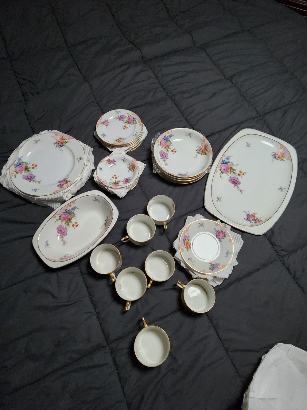 Porcelain Dinnerware Set in White with Pink Floral Accents From The 20s-30s